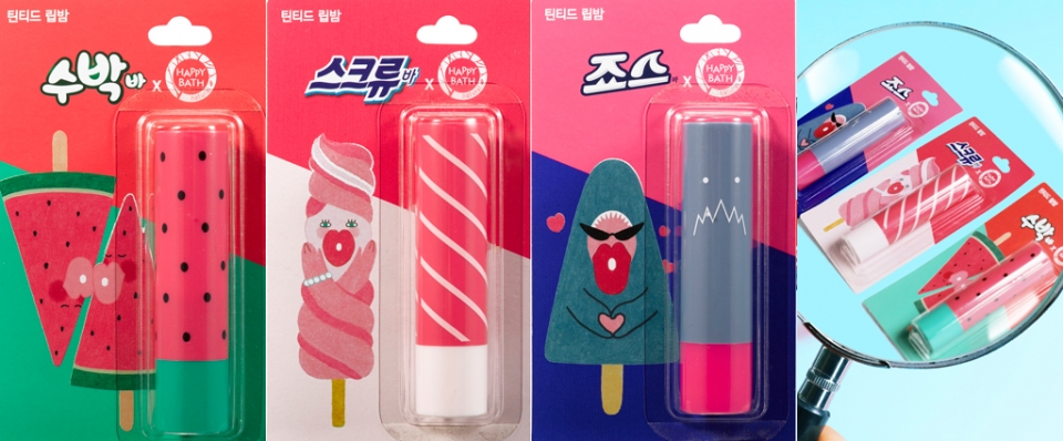 (왼쪽부터) 수박바 틴트 립밤, 스쿠류바 틴티드 립밤, 조스바 틴티드립밤, 그리고 3개 제품 묶음 이미지,